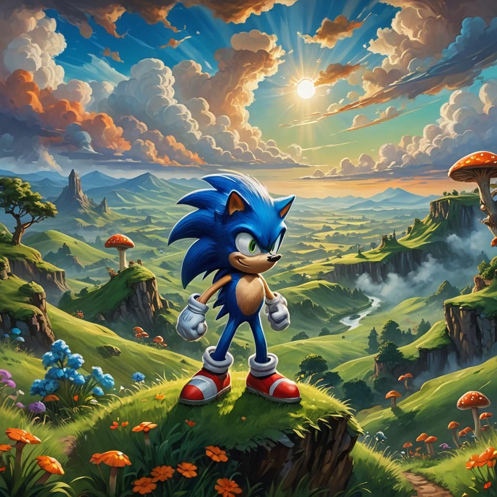 Sonic on a Hill: Vibrant Oil Painting