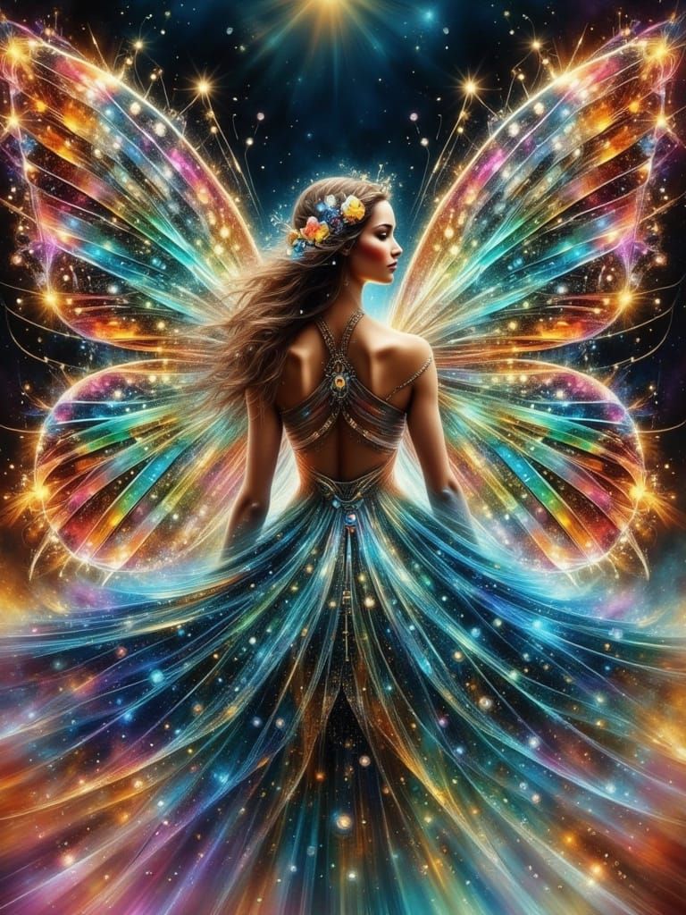 Ethereal Fairy Woman with Iridescent Wings in Art Nouveau St...