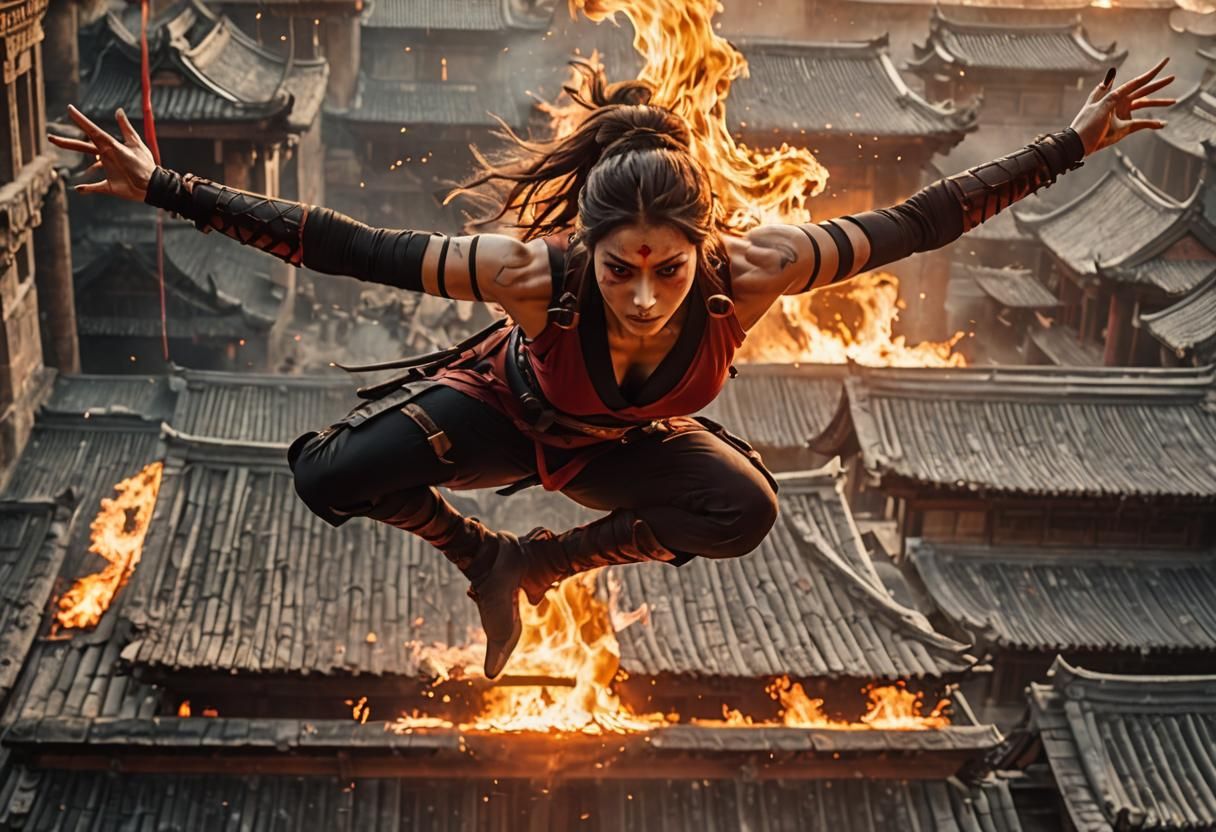 Ninja Woman Leaping from Burning Temple Roof