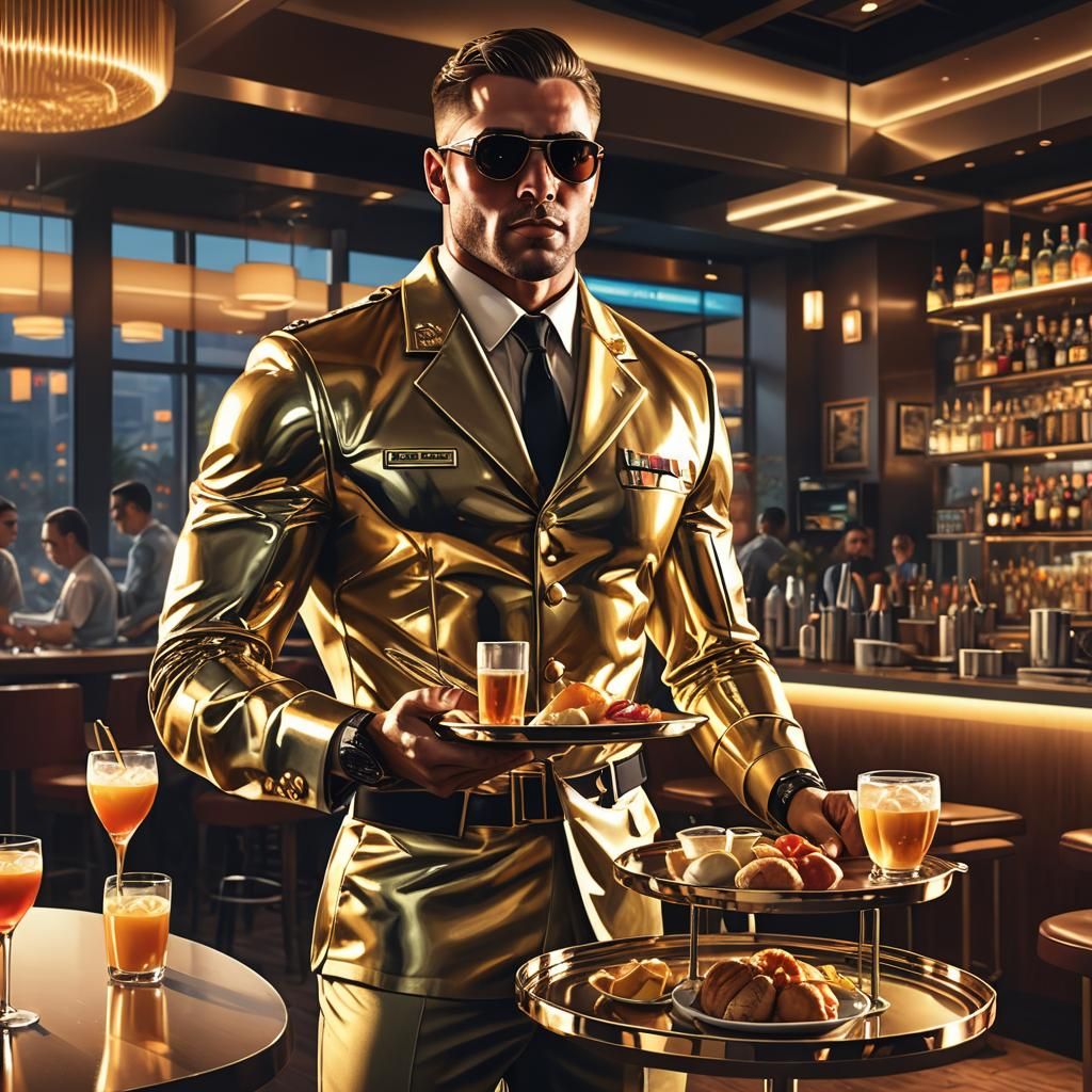 Hyper-Muscular Soldier Exudes Masculine Elegance as a Waiter