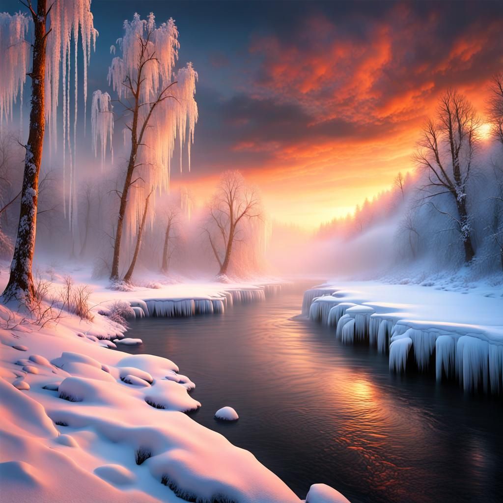 Epic Winter River at Dusk: Digital Matte Painting