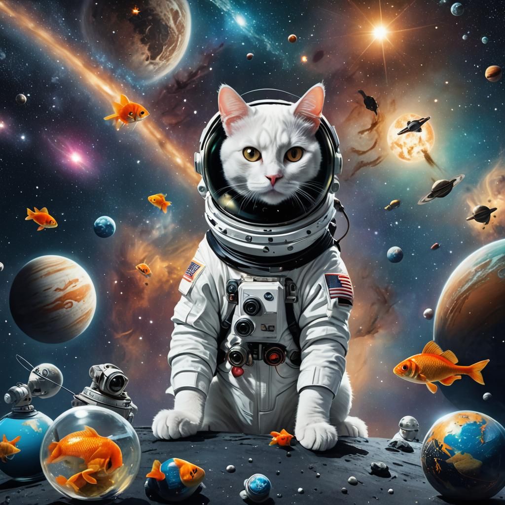 Astronaut Cat in Space with Goldfish Helmet