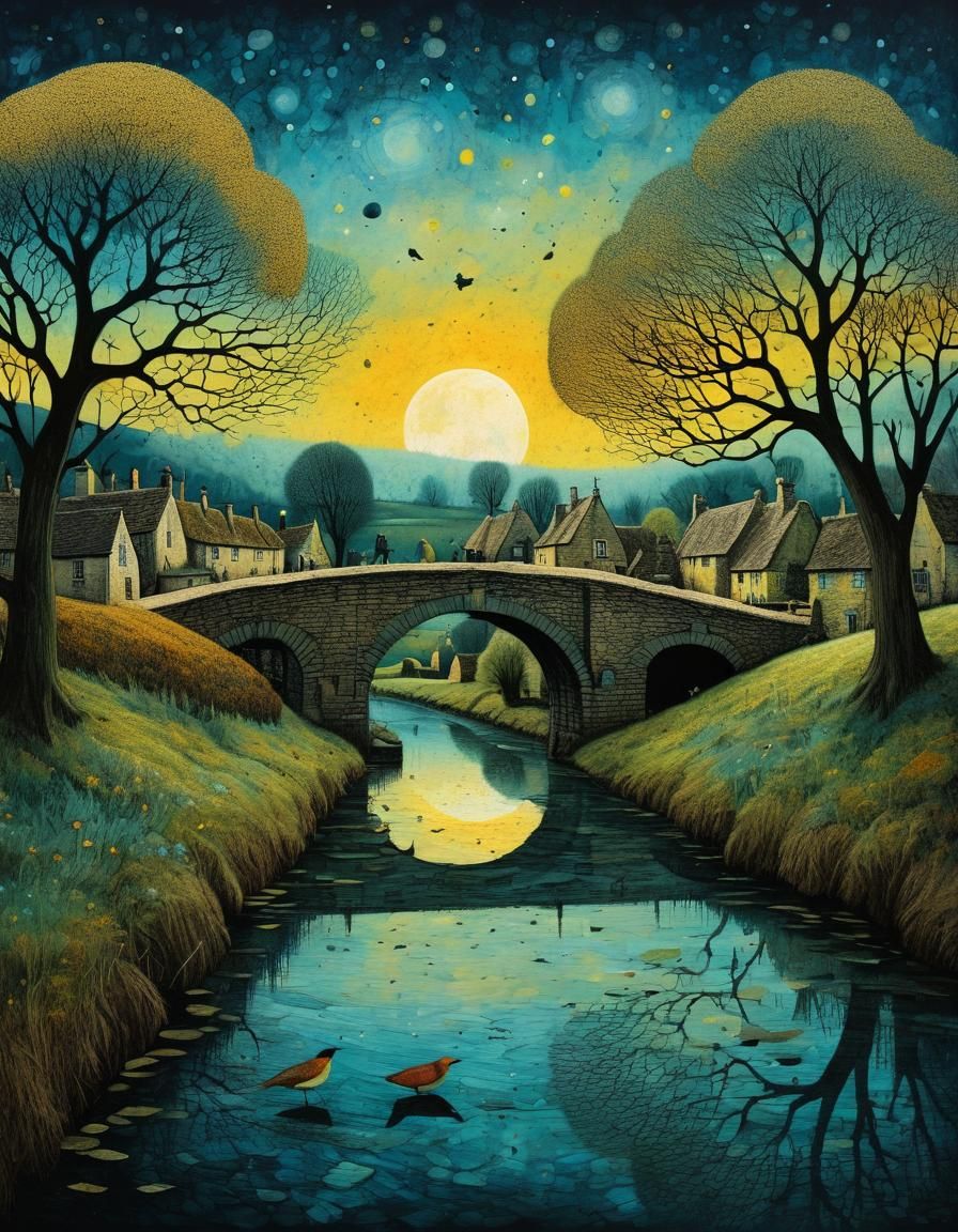 Cotswold Village Bridge Inspired by Van Gogh