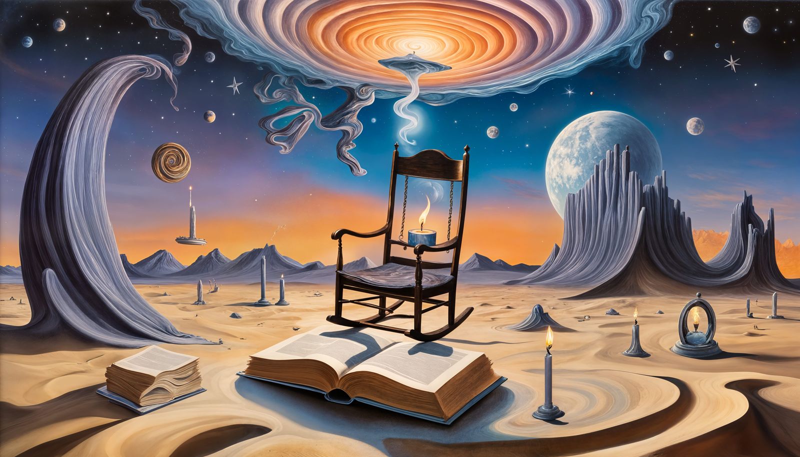 vintage rocking chair floats gently in the middle of a vast