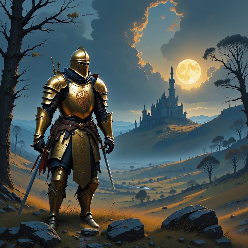 Knight in Gothic Armor on Medieval Battlefield