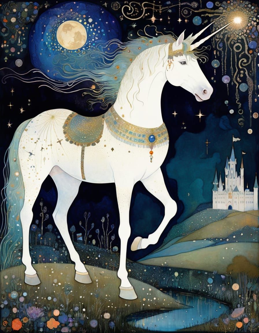 Spectral Unicorn in a Sparkling Nighttime Scene, in a Whimsi...