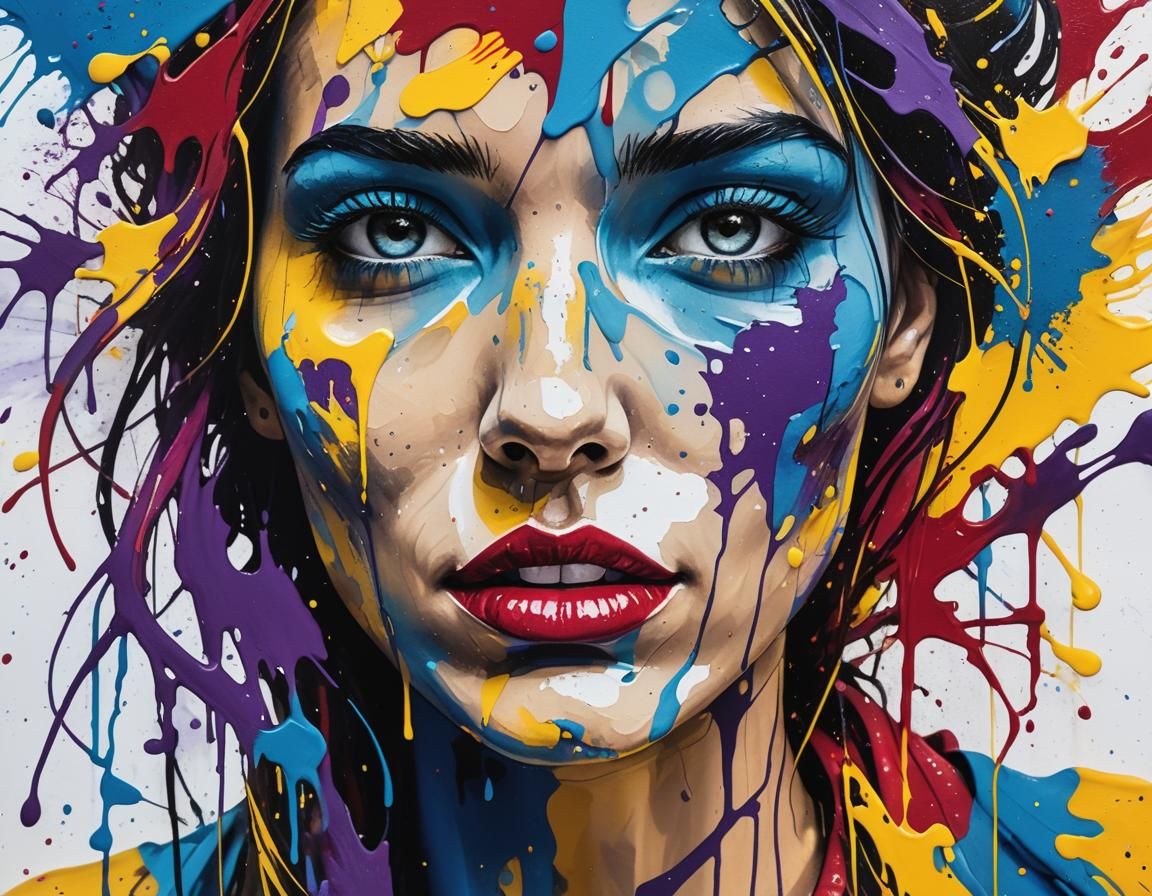 Expressive Abstract Portrait with Vibrant Ink Splashes