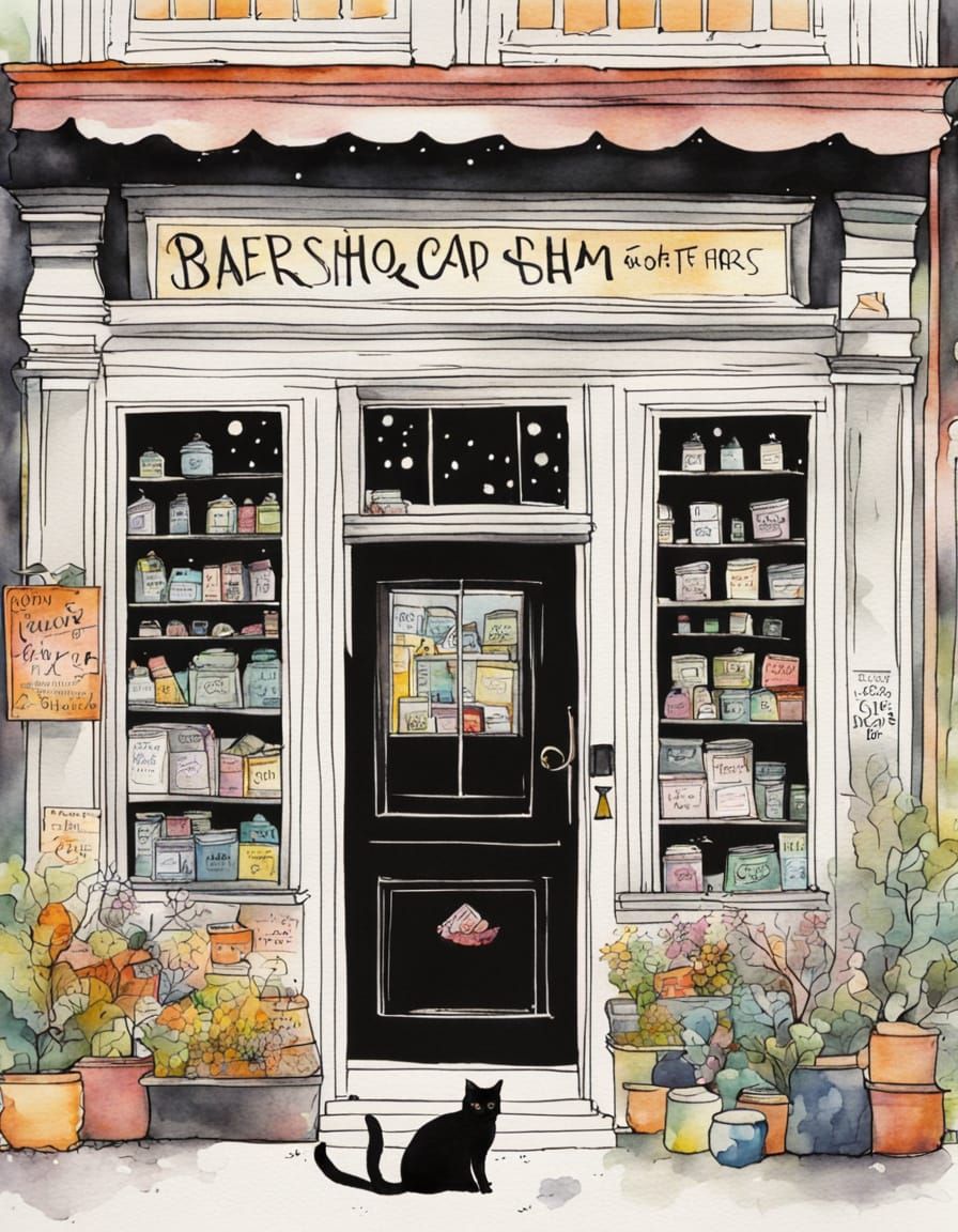 Mystical Curiosity Shop Facade with Black Feline Companion