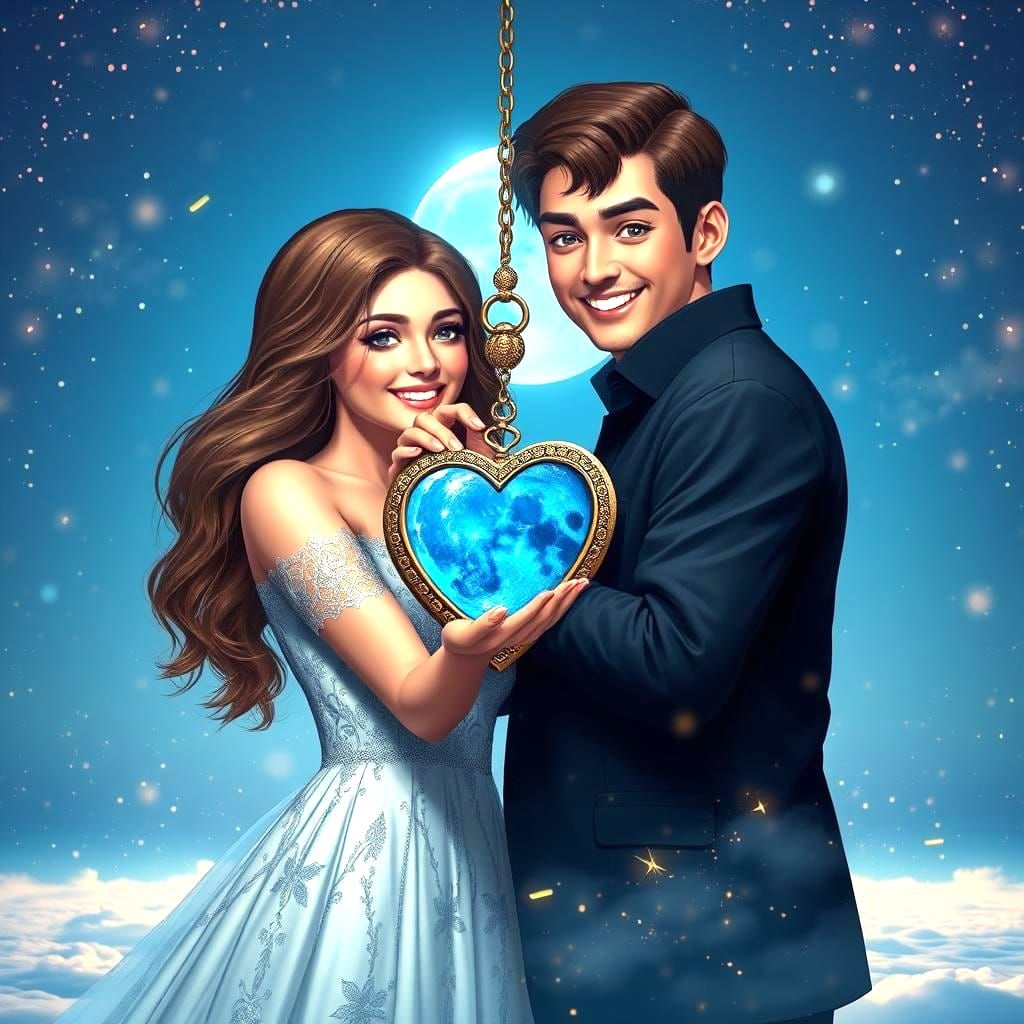 Lovers Hanging a Love Locket Heart Under Blue Moon