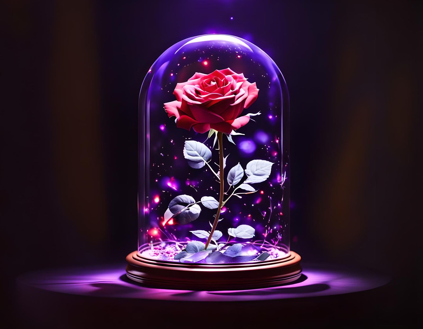 Floating Red Rose in Glass Dome with Purple Light
