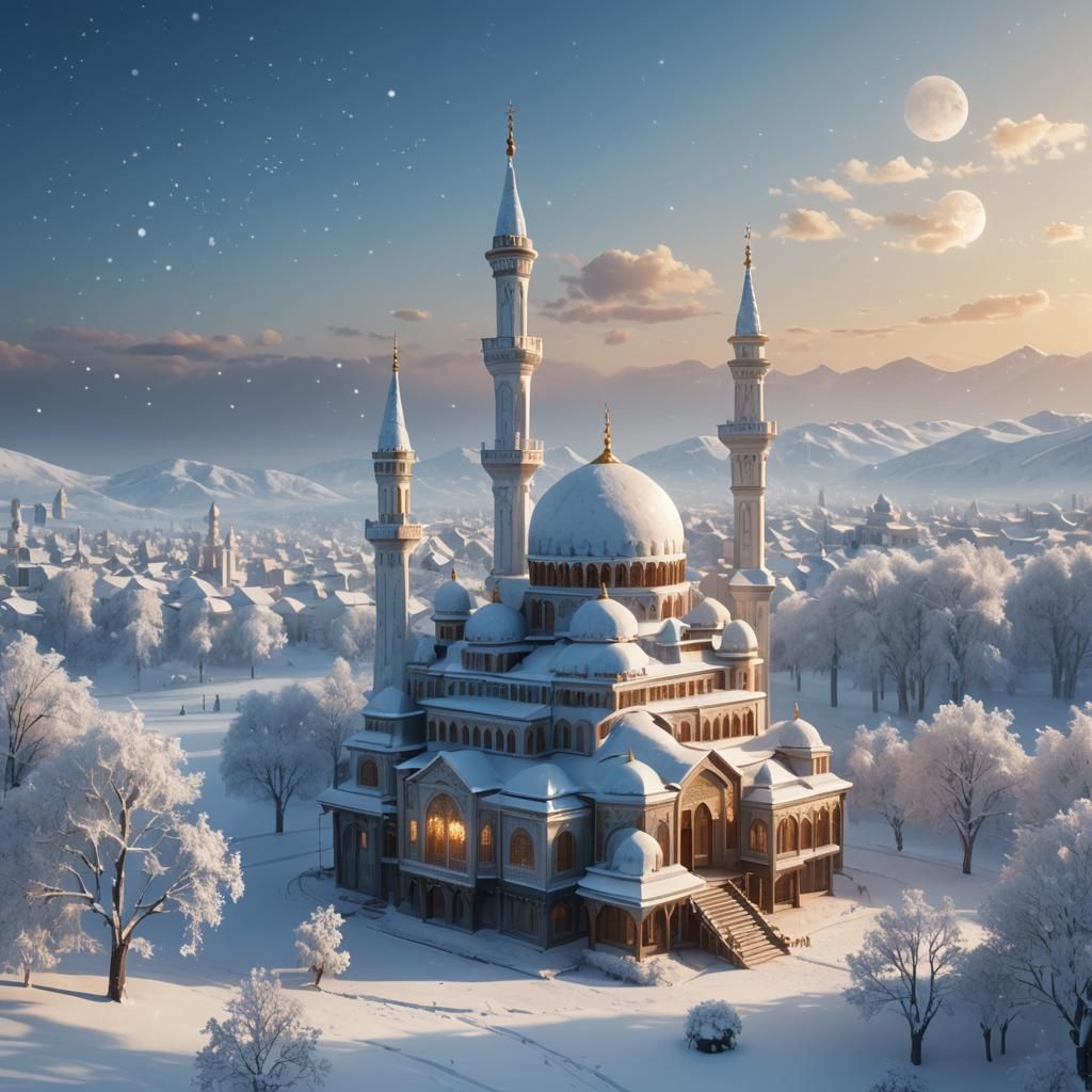 Snowy White Mosque in Winter Landscape