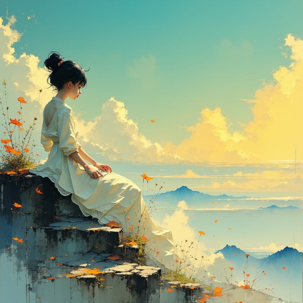 Surreal Woman in a Vibrant, Impressionist Dreamscape with Wh...