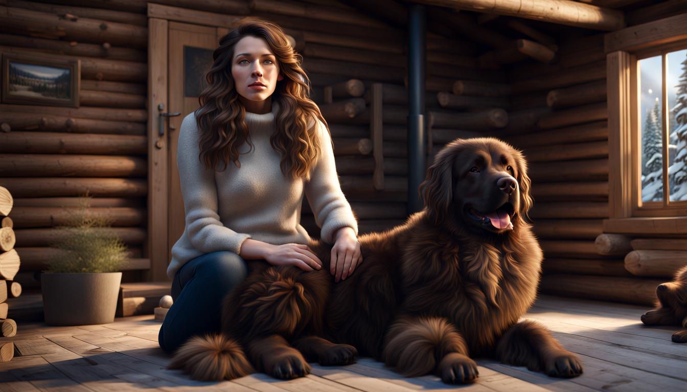 Aristocratic Woman with Newfoundland Dog in Winter