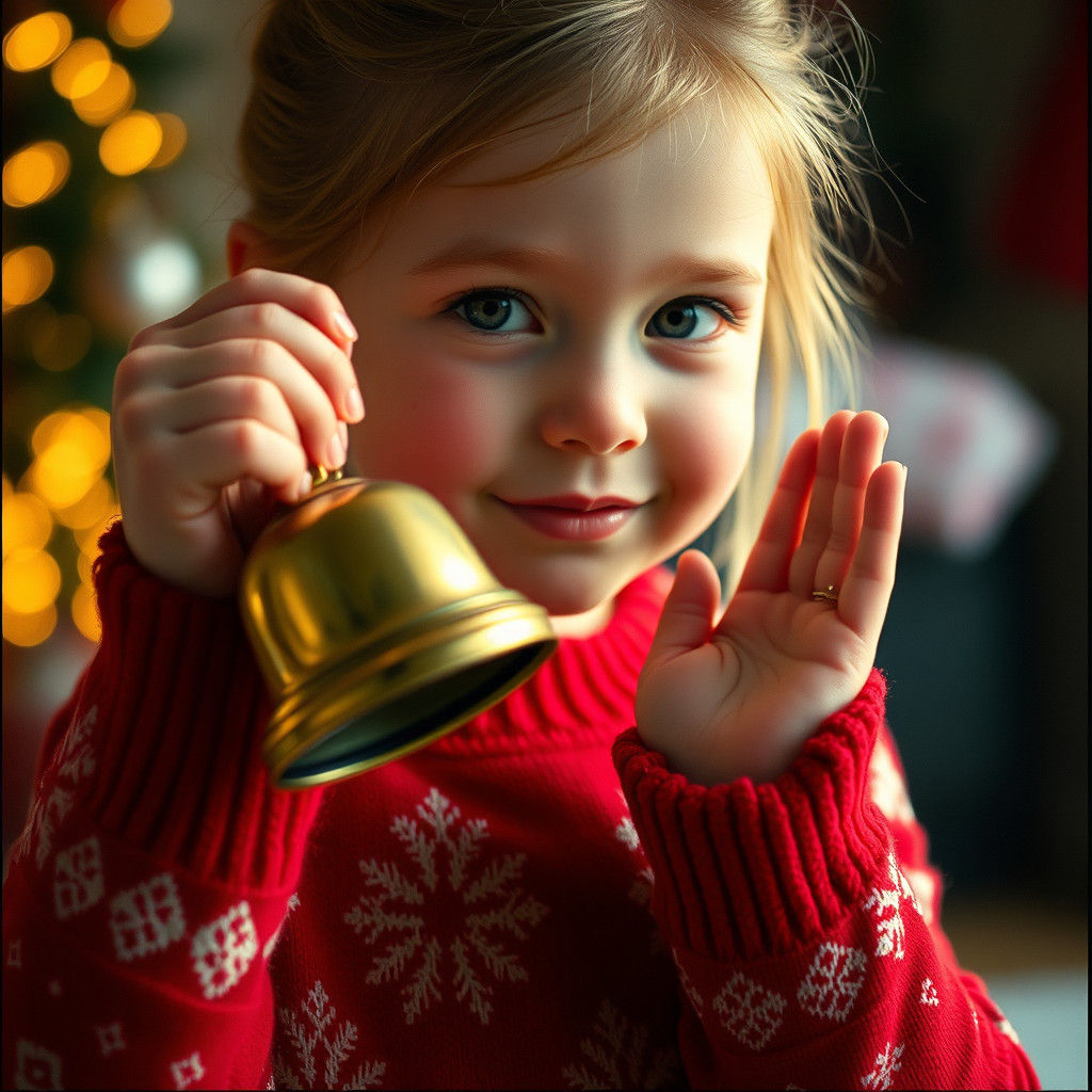 Girl in Red Sweater Holding Bell, Cinematic Lighting