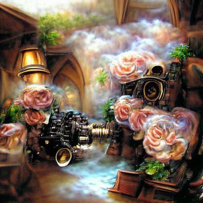Ethereal Room with Magical Roses in Steampunk Style