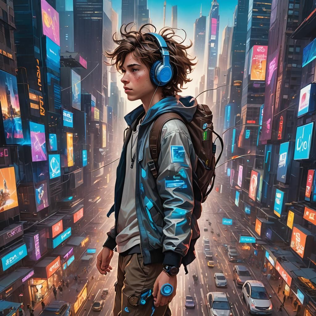 Boy Running Through a Cyberpunk Cityscape