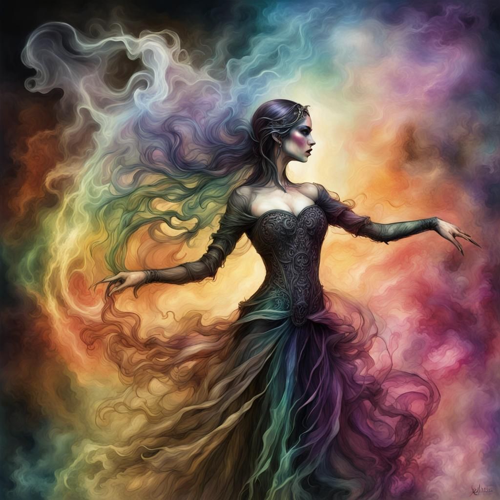 Gothic Woman Dancing with Smoke Silhouette in Alcohol Ink St...