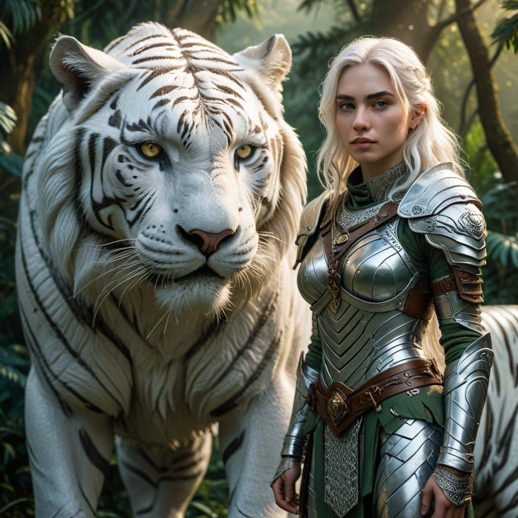 Woman Ranger and White Tiger in Jungle