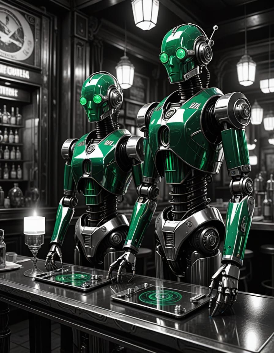 Steampunk Parisian Robots Savor Absinthe in Emerald Opulence