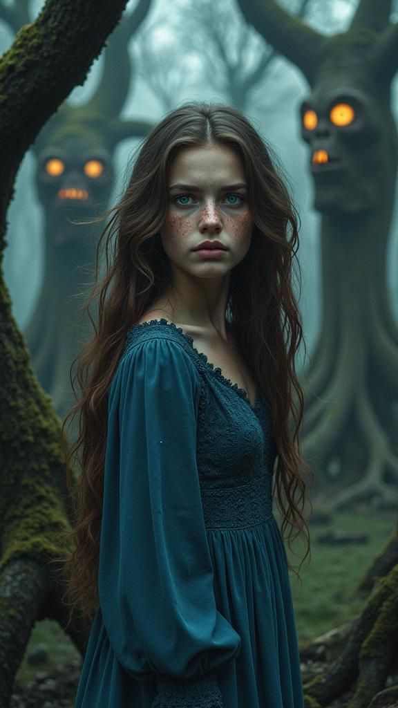 Young Woman in a Scary Forest with Tree Faces