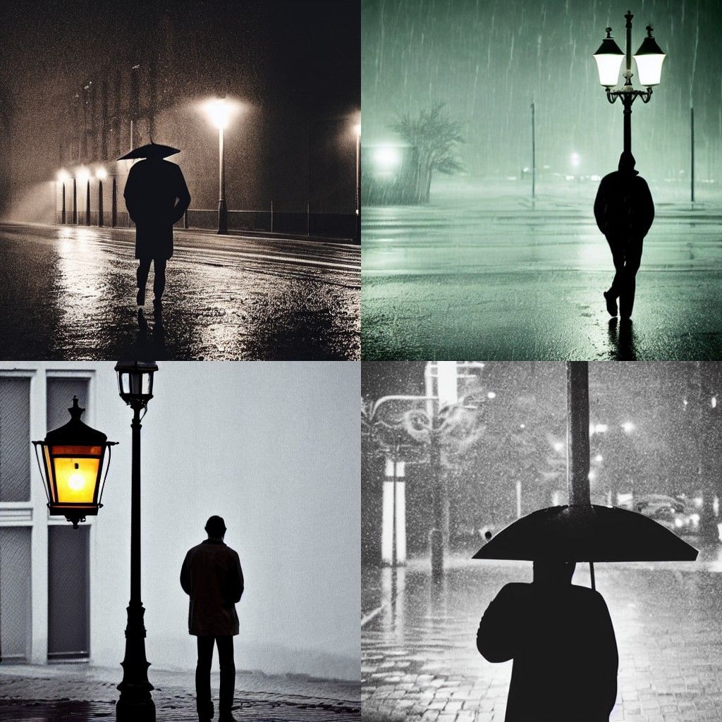 Man Alone in Rainy Darkness Under Street Lamp