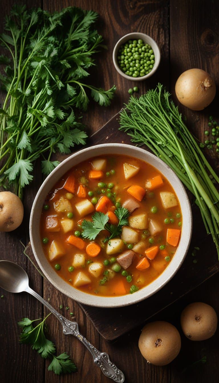 Steaming Bowl of Vegetable Soup in Warm Light