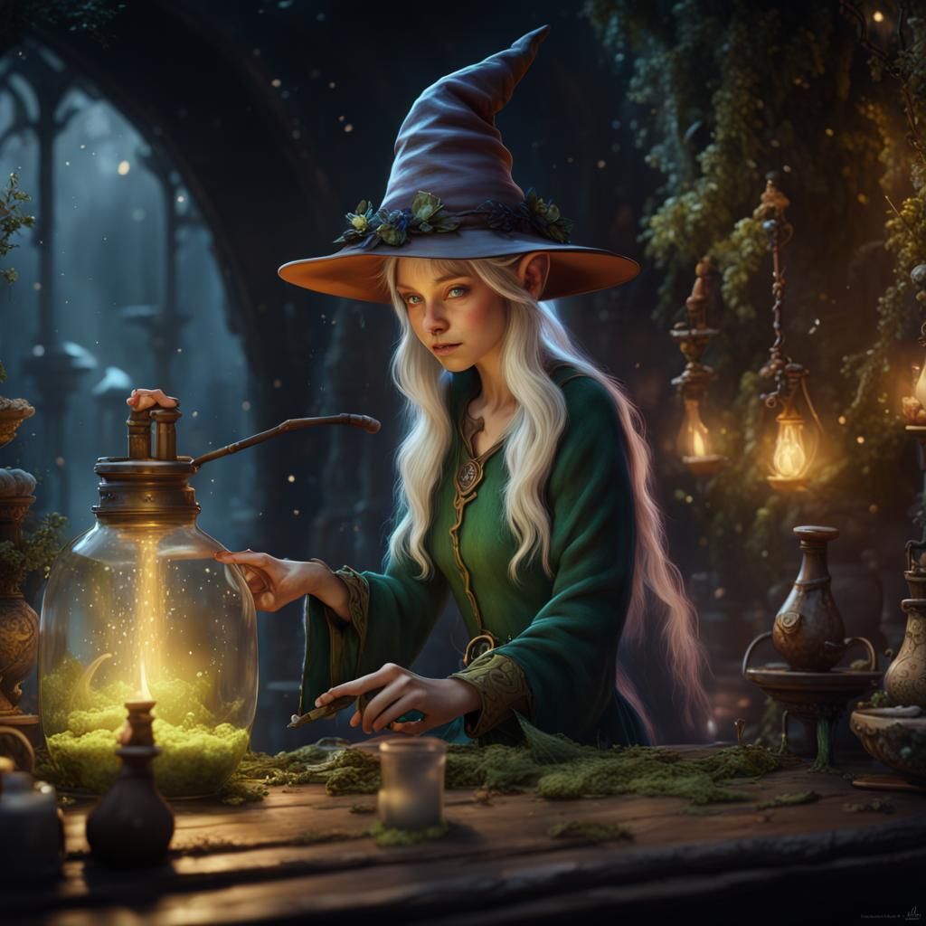 Enchanting Elf Brews Moonlight Potion