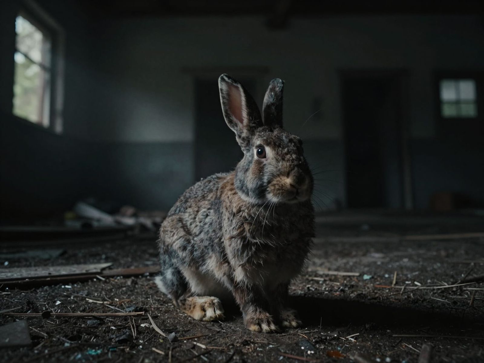 Rabbit Explores Abandoned Building in Dramatic Lighting
