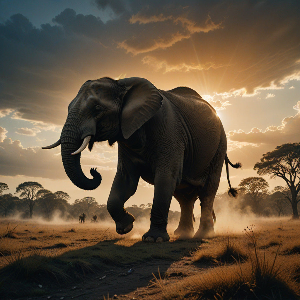 Elephant Soars Through Golden Skies in Cinematic Mastery