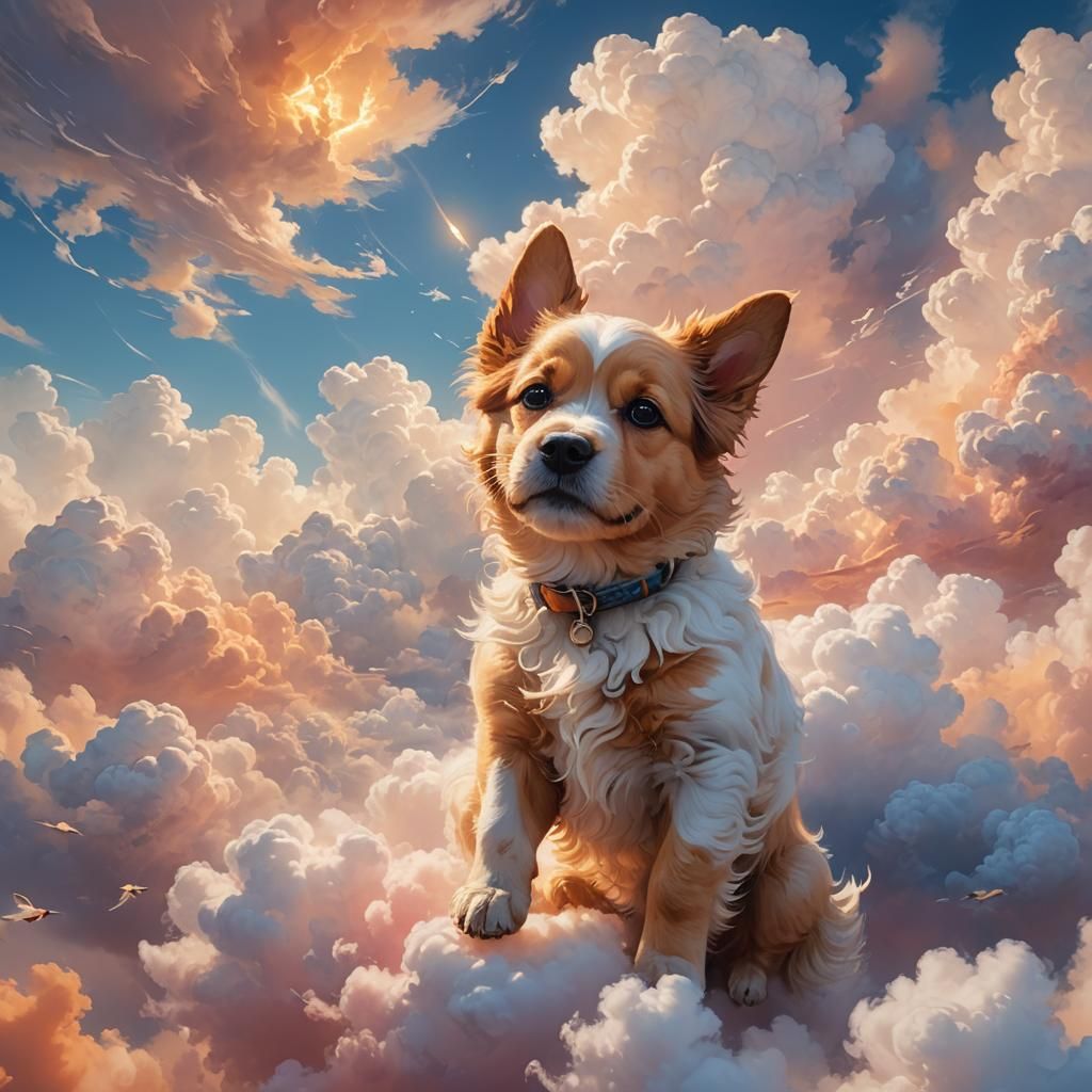 Fantasy Baby and Dog in Dreamy Clouds