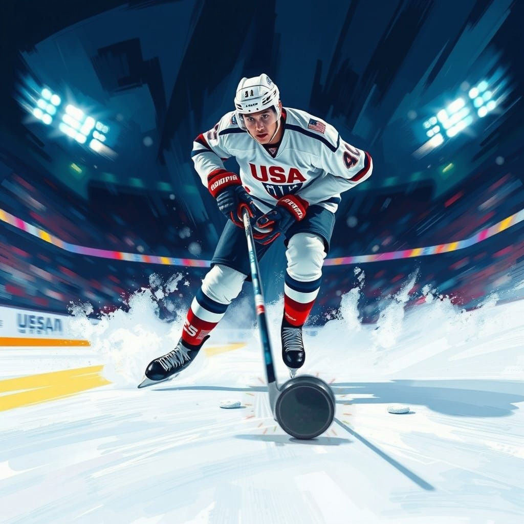 US Ice Hockey Player Chasing Ice Hockey Puck in Dynamic Moti...