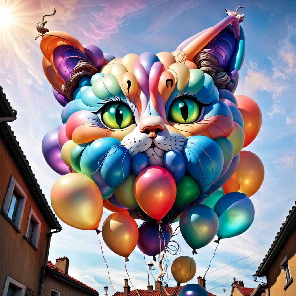 Iridescent Balloon Cat Sculpture in Urban Setting