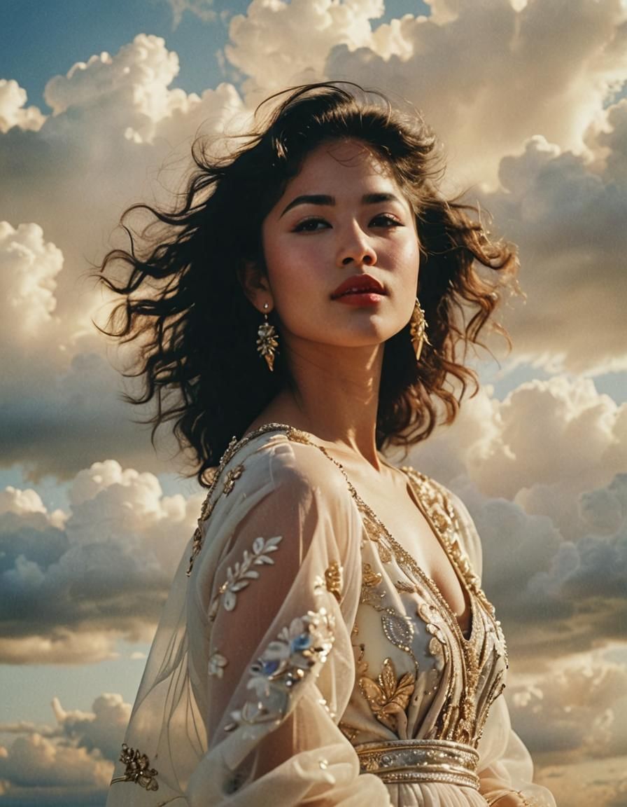 Ethereal Portrait of Woman in Clouds with Halo
