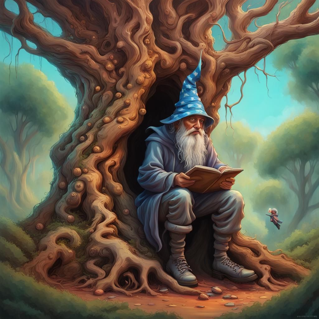 Young Wizard Contemplates Spell Inside Hollow Tree