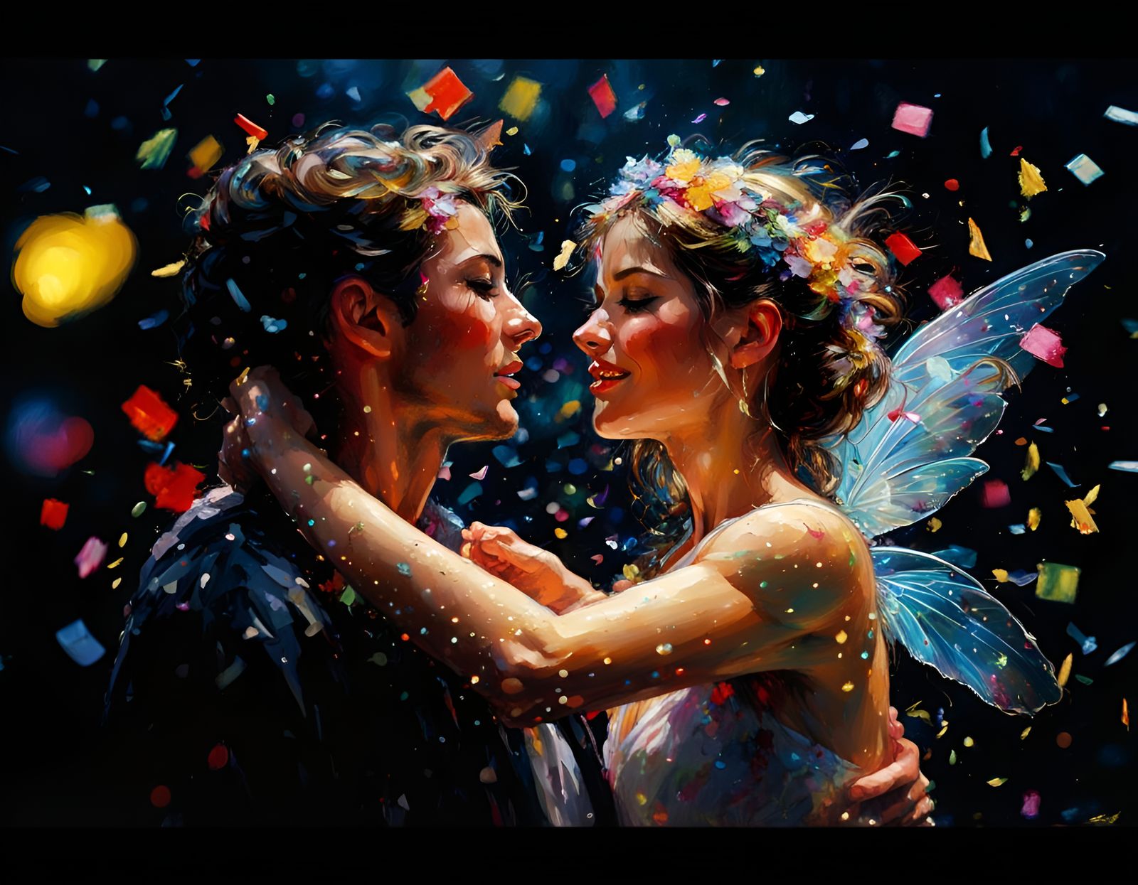 Happy fairy couple dancing amidst showers of confetti