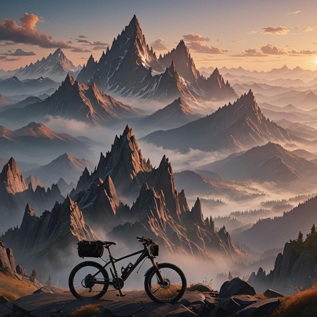 Mountain Bicycle Sunset: Detailed Matte Painting