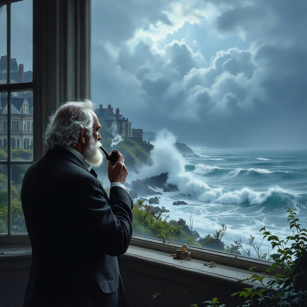 Ethereal Mansion Overlooking Stormy Ocean as Man Watches