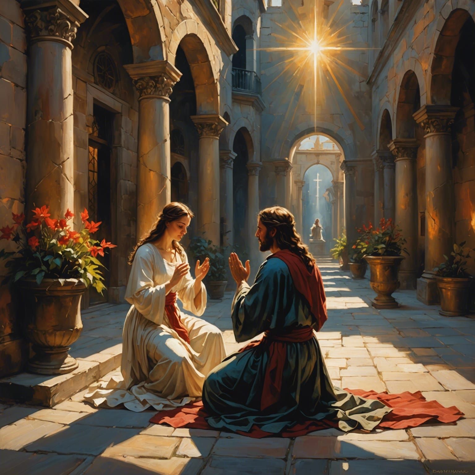 Woman Kneeling Before Jesus in Classic Art Style