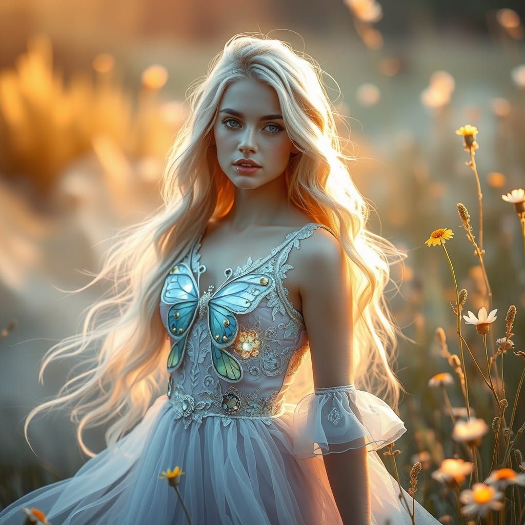 Ethereal Woman in Butterfly Gown Shimmers in Meadow