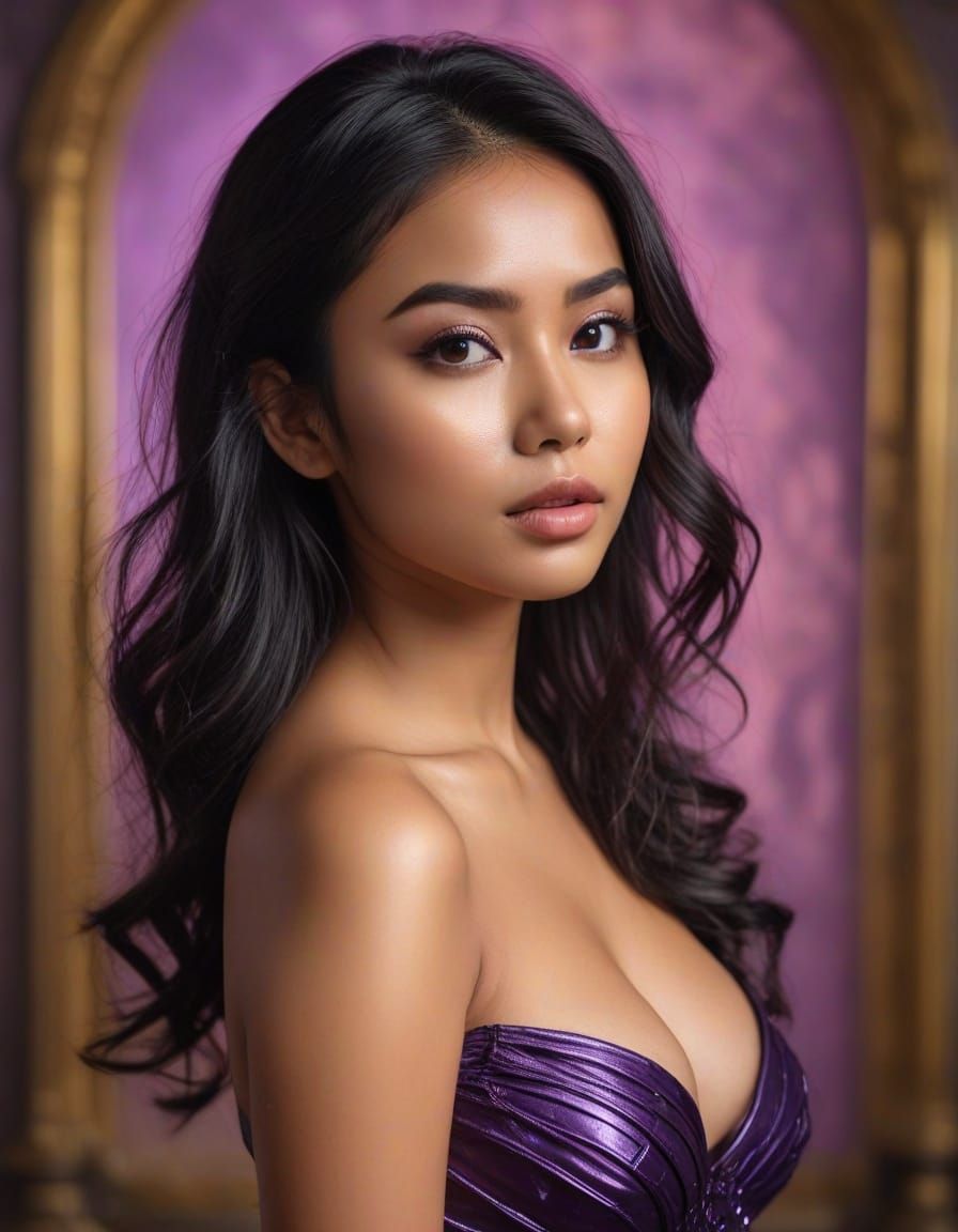 Ethereal Young Woman in Vibrant Purple Latex Dress