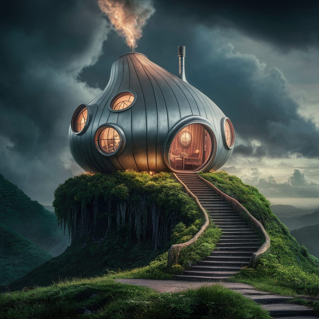 Futuristic Silver Building in Dark Fantasy Landscape