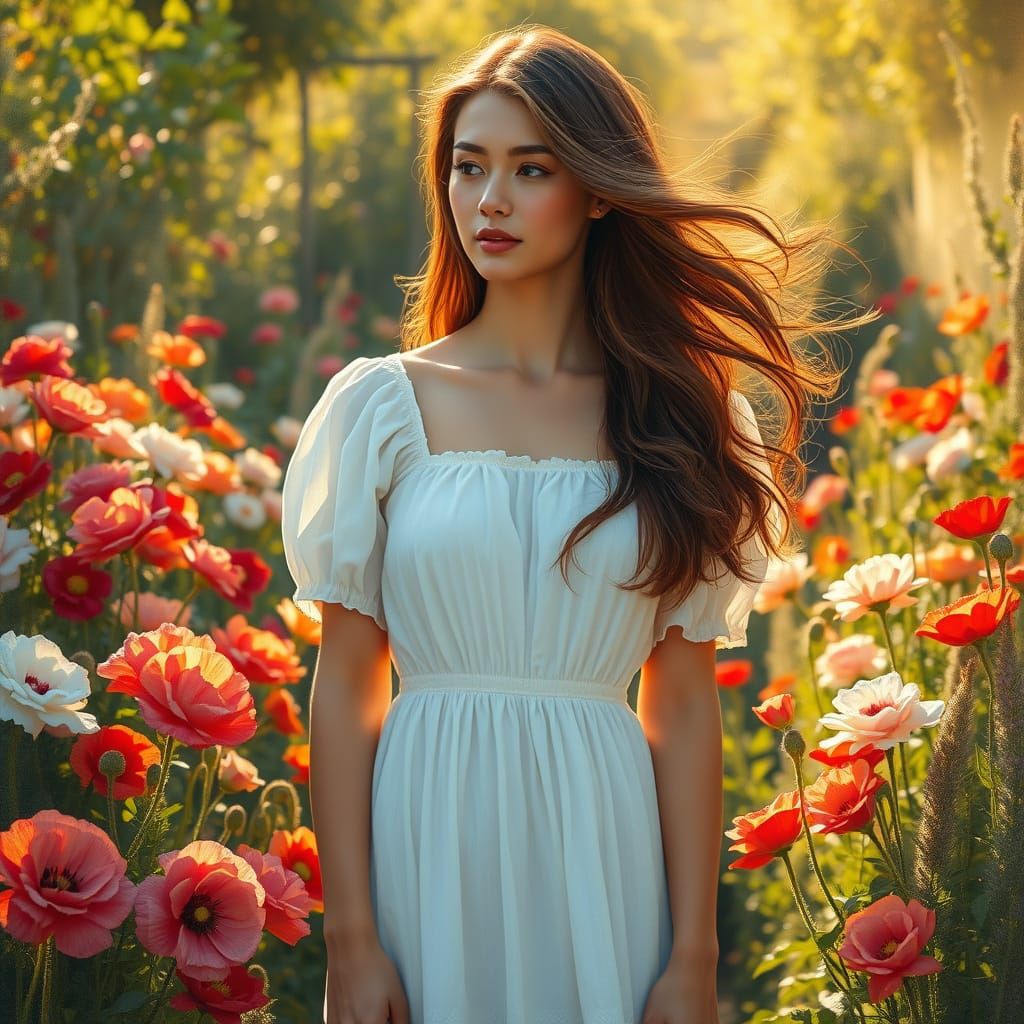 Woman in Sunlit Flower Garden Oil Painting