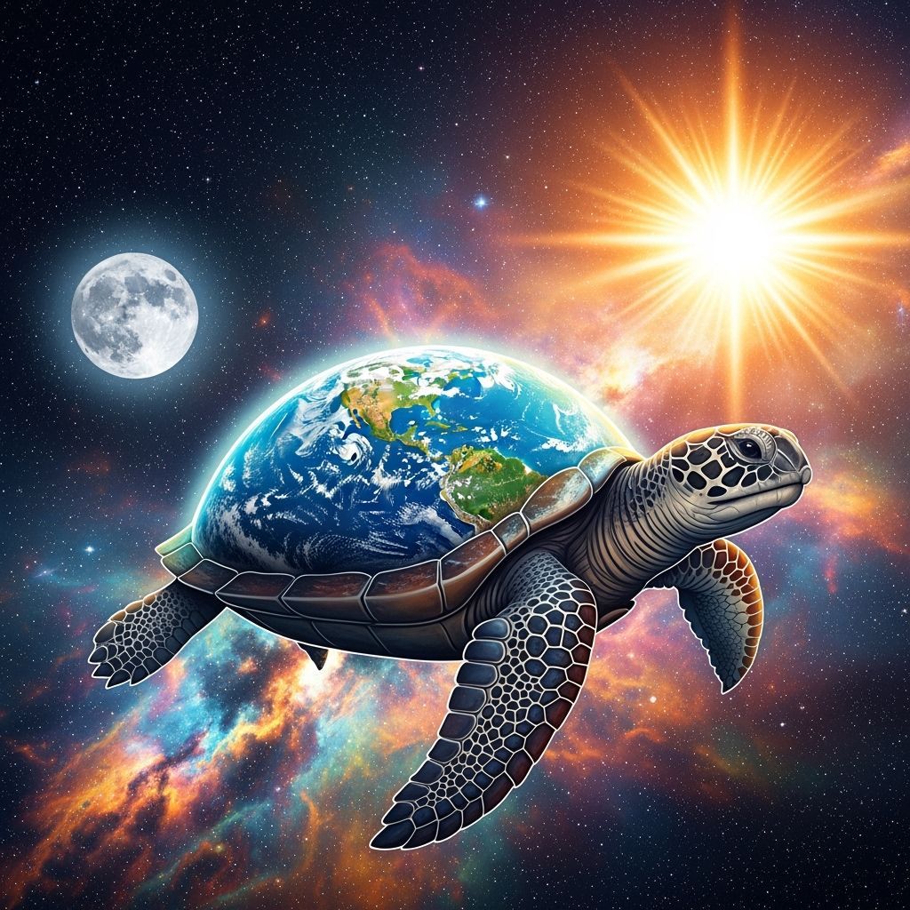 Cosmic Turtle Carries Earth Through Iridescent Starry Space