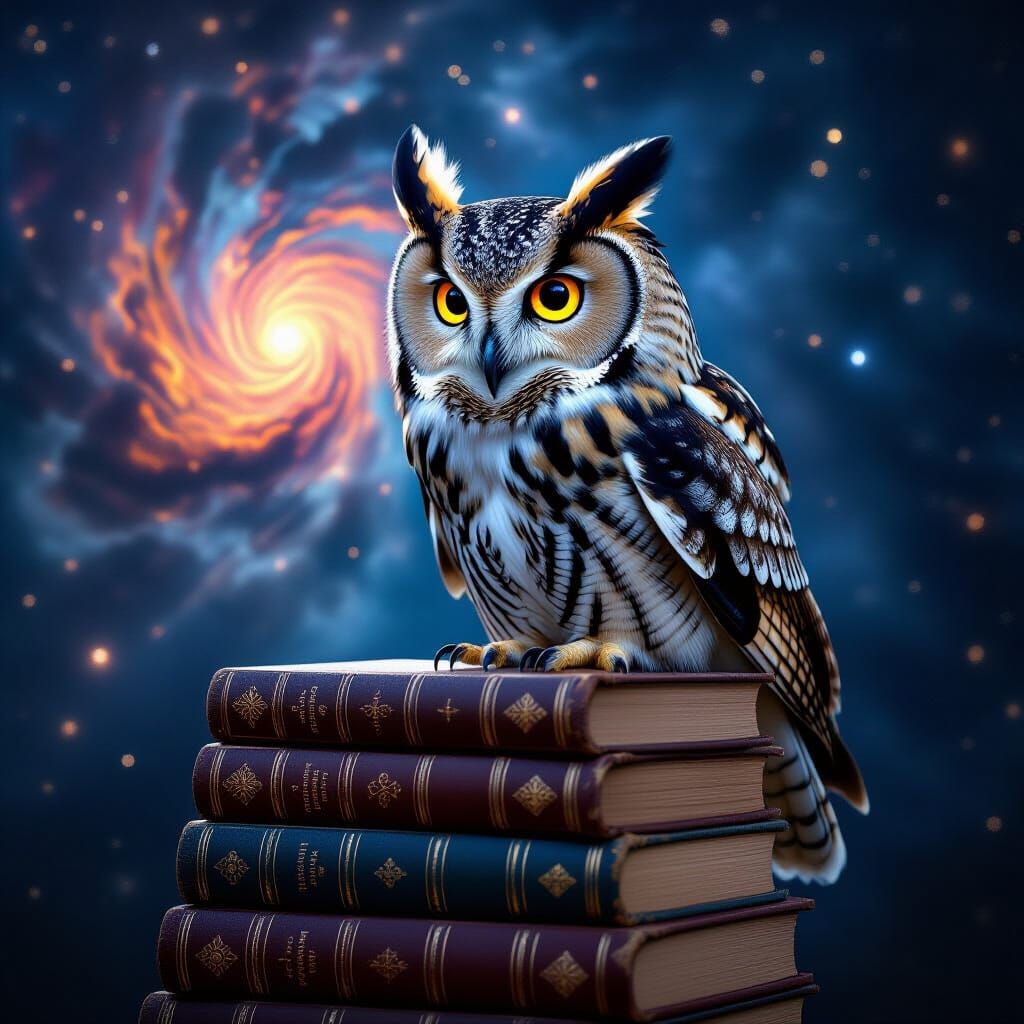 Wise Owl on Books Gazing at Nebula in Fine Art Style