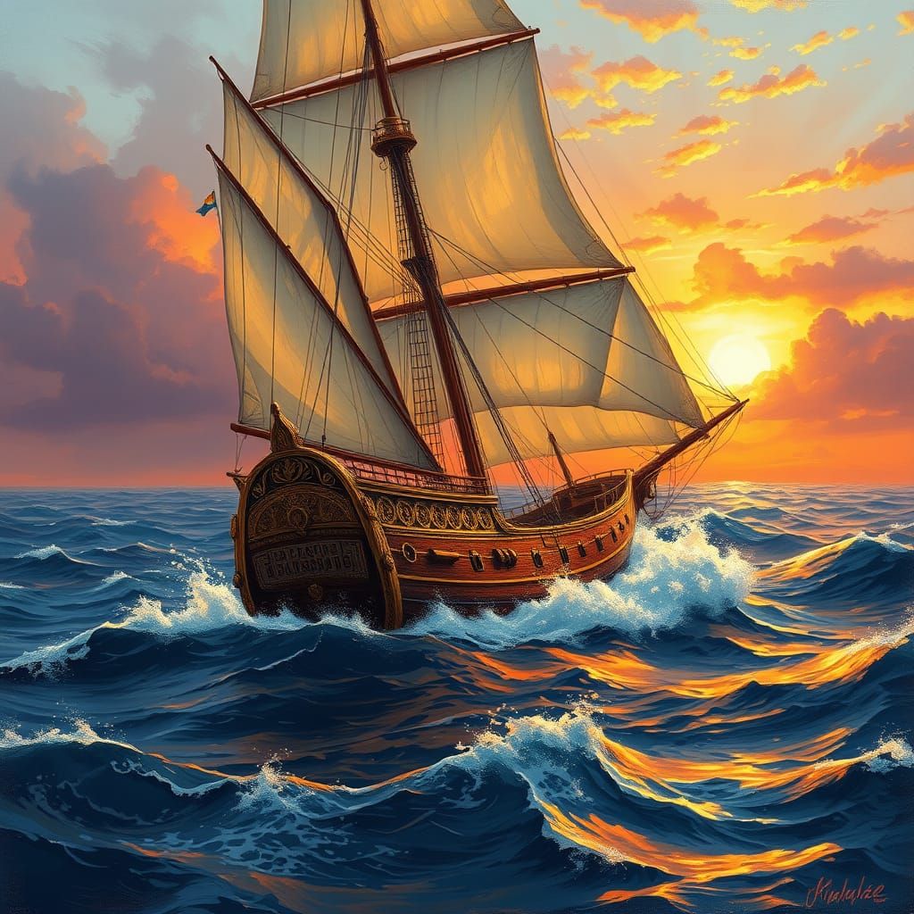 Majestic Sailing Vessel at Sunset in Impressionist Style