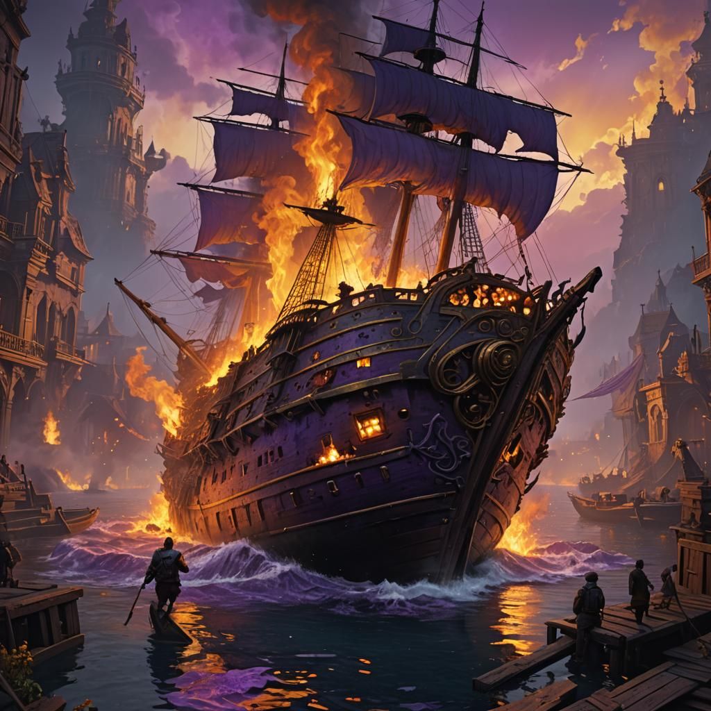 Burning Sunken Ship: Dark Fantasy Concept Art