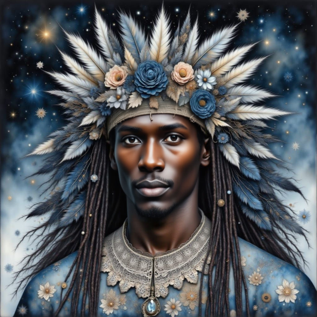 African Man in Gothic Costume with Feather Crown