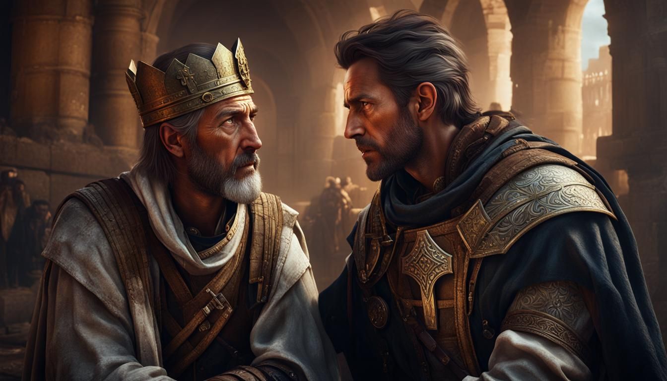 Templar Knight Whispering to a Beggar: Detailed Matte Painti...