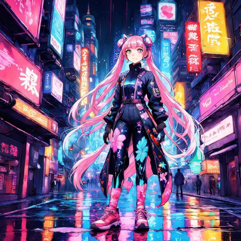 Cyberpunk Sakura Waifu 2 in Vibrant Digital Art