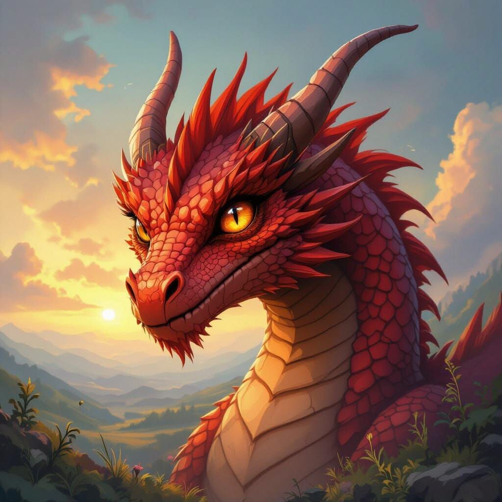 Welsh Dragon with Human Eyes in Dreamlike Landscape